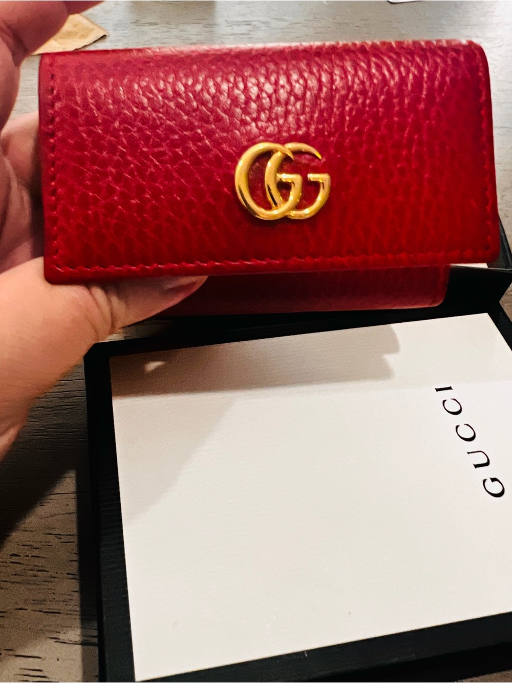Gucci Red Pebbled Leather Wallet with Gold Double G
